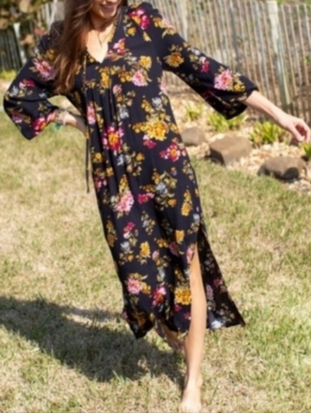 Natural Life Rowan Floral Crinkle Maxi Dress Black Multicolor Tie Front Size Med